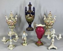 GROUP OF MIXED CERAMICS including ornate Capo di Monte lidded two handled vases a pair, 41cms (h),
