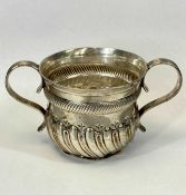 VICTORIAN SILVER PORRINGER loop handles, engraved with crest, hallmark rubbed, 8cms (h), 5ozs