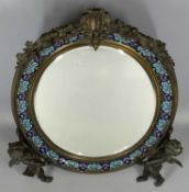 FRENCH LACQUERED BRASS & CHAMPLEVE ENAMEL MIRROR, late 19th century, the floral enamel border on
