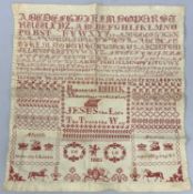 UNUSUAL NEEDLEWORK SAMPLER in red only needlework with alphabets in various font, religious verse to