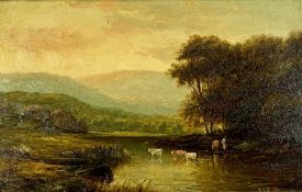 WILLET? (19th century) oil on board - cattle grazing with mountains and buildings to background,