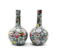 PAIR CHINESE FAMILLE ROSE 'MILLE FLEURS' VASES, Republic or later, bottle form profusely enamelled