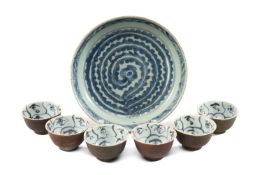 GROUP OF CHINESE 'CAFE AU LAIT' BOWLS, comprising six teabowls and a saucer dish, 20cms diam. (7)