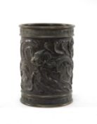 CHINESE BRONZE BRUSHPOT, Qing Dynasty, cast with two three-clawed dragons in relief on rockwork,