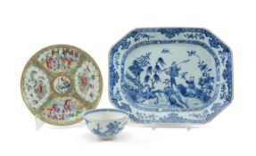 THREE CHINESE PORCELAIN ITEMS, including 18th C. blue and white canted rectangular platter painted