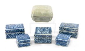 SIX CHINESE COSMETICS BOXES, comprising five blue and white, largest 6.5 (w) x 4.5 (d) x 3.5cms (h),