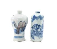 TWO CHINESE PORCELAIN SNUFF BOTTLES, including baluster copper red and blue and white bottle painted