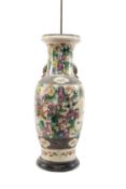 LARGE CHINESE CRACKLE GLAZE VASE, painted in famille rose enamels with warrioirs, converted for