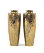 PAIR JAPANESE BRONZE VASES, style of Nogawa Noburo, tapering circular, decorated with flowering kiku