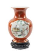 CHINESE CORAL GROUND FAMILLE ROSE VASE, Republic, painted with two panels depicting buffalo boys and
