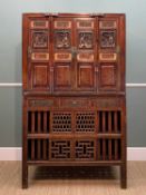 CHINESE CARVED FOOD CUPBOARD, Republic, in two parts, upper section fitted with pair bifold panel