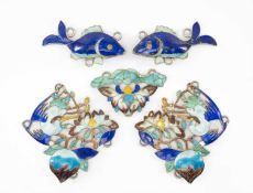 CHINESE ENAMELED NECKLACE PANELS, comprising two panels decorated with lotus, crane and peach, a