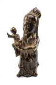 CHINESE BRONZE FIGURE OF LUXING, 20th Century, in flowing robes holding a gesturing child, traces of
