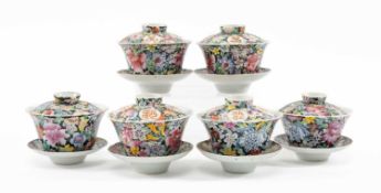 MATCHED SET SIX CHINESE FAMILLE ROSE 'MILLE FLEURS' PATTERN SOUP BOWLS, 20th Century, with covers