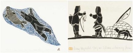 SOLOMON KARPIK (b. 1947) limited edition (14/50) stonecut - Towed By His Helping Animal, Pangnirtung