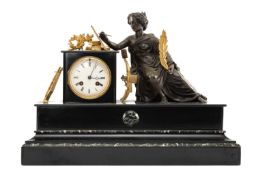 19TH C. FRENCH PARCEL GILT BRONZE AND SLATE MANTEL CLOCK, Japy Fils, figural surmount allegorical