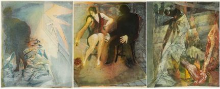 CONTEMPORARY BRITISH SCHOOL, mixed media collage triptych - 'Kristallnacht', titled verso, all