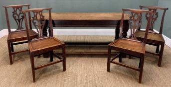 JOINED OAK REFECTORY TABLE AND CHAIRS, double plank table top, cleated ends, turned and square cut