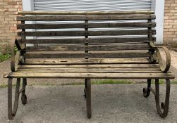 ANTIQUE TRADITIONAL GARDEN BENCH, weathered wooden slates, iron supports, 97 (h) x 144cms (w)