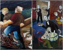 ‡ PETER ARNOLD oil on board - trawler men at work, signed, 76 x 103cms together with an oil on