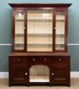 EARLY 19TH C. STAINED PINE WELSH DRESSER, part glazed upper with painted back panel and shelves,