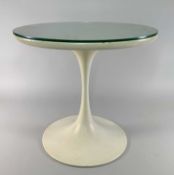 MAURICE BURKE FOR ARKANA: A TULIP SIDE TABLE, circular laminate top with glass top, enamelled