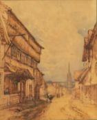 BRITISH SCHOOL 19TH CENTURY, watercolour - believed Weobley, Herefordshire, figures in street