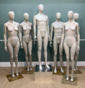 COLLECTION OF FULL BODY SHOP MANNEQUINS, two male, one on raised plinth, four female, articulated