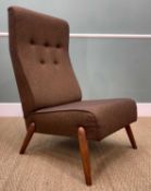 RARE MID-CENTURY ERNEST RACE LOUNGE CHAIR, tall angled buttoned back, low seat, reupholstered dark