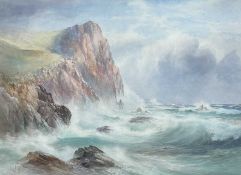 JOHN CLARKSON ISAAC UREN (1845-1932), watercolour - waves crashing on rocky cliffs, signed, 52 x