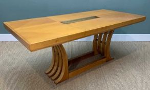 ART DECO STYLE BRASS STRUNG DINING TABLE, central brass 'oyster trough', bowed slatted supports