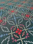 VINTAGE TRADITIONAL WELSH WOOLLEN BLANKET with blue and red geometric design with a green ground,