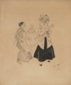 PHIL MAY (1864-1903) ink on paper - Old lady and maids, signed and dated '95, 29 x 25cms Provenance: