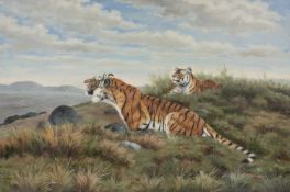 HENRY ROLAND, acrylic on board - 'Bengal tigers', signed, 59 x 90cms Provenance: private