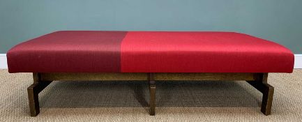 EXTRA LARGE CONTEMPORARY UPHOLSTERED OTTOMAN, contrasting red fabric, stained plywood base, 45 (h) x