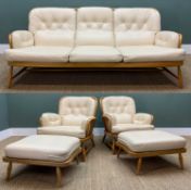 MID-CENTURY ERCOL WINDSOR JUBILEE THEME SUITE, comprising one 766/3 three-seater settee, two 766