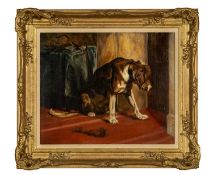 ‡ AFTER SIR EDWIN LANDSEER oil on canvas - 'Suspense', an English mastiff seated looking intently at