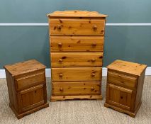 MODERN PINE BEDROOM FURNITURE including, five drawer tallboy, 122 (h) x 74 (w) 43cms (d), and two