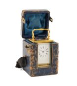 GILT BRASS BOUDOIR CARRIAGE TIMEPIECE, white enamel dial with Roman hours, platform escapement below