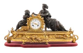 19TH C. FRENCH PARCEL GILT BRONZE FIGURAL MANTEL CLOCK, A. Weygand, Paris, surmount of Cupid and