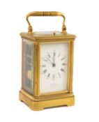 GILT BRASS REPEAT STRIKE CARRIAGE CLOCK, Klaftenberger (Paris), white enamel dial with Roman hours