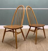 TWO MID-CENTURY ERCOL QUAKER WINDSOR 365 CHAIRS, natural finish elm and beech, blue label, 97cms (h)