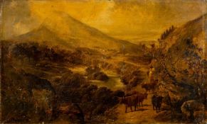 CLIFFORD MONTAGUE (1845-1901) oil on canvas - Drover with cattle beside a river, possibly Capel