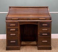 EARLY 20th C. TWIN PEDESTAL OAK ROLL TOP DESK, escutcheon stamped 'Entirely HLL, English Make',