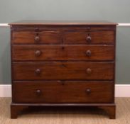 18th C. MAHOGANY CHEST, two short over three long graduated drawers beneath brushing slide, turned