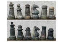LARGE STONE GARDEN CHESS SET, Staunton pattern style, carved from solid stone, possibly Preseli,