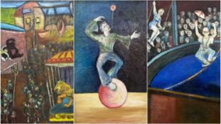 ‡ PETER ARNOLD oil on board - an acrobat balancing on a ball, signed, 89 x 58cms, a circus scene