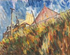 ‡ ALASDAIR URQUHART (b.1956) oil on canvas - building with grass bank and telegraph poles, signed,