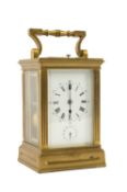 GILT BRASS CARRIAGE ALARM CLOCK, with repeat push, white enamel Roman dial with Arabic minutes,