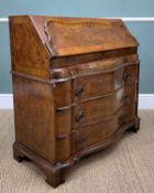 18TH C. STYLE ITALIAN WALNUT CROSSBANDED SERPENTINE BUREAU, drop-flap front revealing fitted